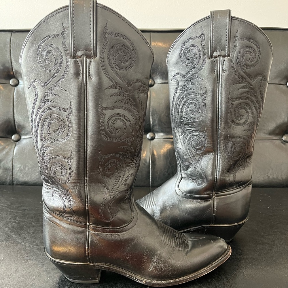 Tony Lama Vintage‎ 80s/90s Black Leather Cowboy Boots Size 8 B